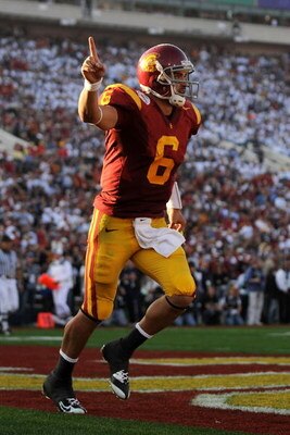 PASADENA, CA - JANUARY 01:  Quarterback Mark Sanchez #6 of the USC Trojans celebrates a touchdown at the end of the first half against the Penn State Nittany Lions during the 95th Rose Bowl Game presented by Citi on January 1, 2009 at the Rose Bowl in Pas