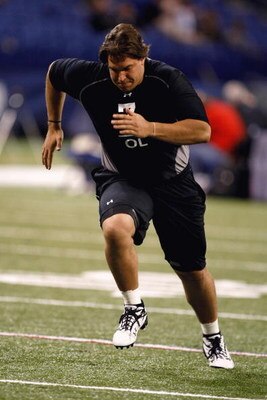 INDIANAPOLIS, IN - FEBRUARY 21:  Offensive lineman Eben Britton of Arizona runs in practice drills during the NFL Scouting Combine presented by Under Armour at Lucas Oil Stadium on February 21, 2009 in Indianapolis, Indiana. (Photo by Scott Boehm/Getty Im