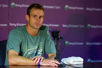 KEY BISCAYNE, FL - MARCH 26:  Andy Roddick speaks to the media at a press conference during day four of the Sony Ericsson Open at the Crandon Park Tennis Center on March 26, 2009 in Key Biscayne, Florida.  (Photo by Michael Heiman/Getty Images)
