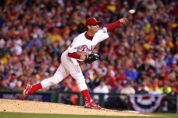 PHILADELPHIA - OCTOBER 25:  Jamie Moyer #50 of the Philadelphia Phillies pitches against the Tampa Bay Rays during game three of the 2008 MLB World Series on October 25, 2008 at Citizens Bank Park in Philadelphia, Pennsylvania.  (Photo by Jim McIsaac/Gett