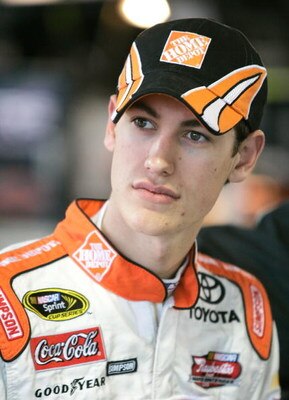 MARTINSVILLE, VA - MARCH 28: Joey Logano, driver of the #20 The Home Depot Toyota, in the gargage during practice for the NASCAR Sprint Cup Series Goody's Fast Pain Relief 500 at the Martinsville Speedway on March 28, 2009 in Martinsville, Virginia.  (Pho