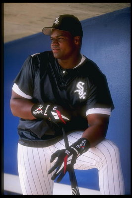 20 Mar 1997:  Frank Thomas of the Chicago White Sox stands in the dugout during spring training workouts in Sarasota, Florida. Mandatory Credit: Jamie Squire  /Allsport