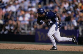 16 Aug 2001:  Rickey Henderson #24 of the San Diego Padres running to first base during the game against the New York Mets at Qualcomm Stadium in San Diego, California. The Padres defeated the Mets 6-5.Mandatory Credit: Scott Halleran  /Allsport