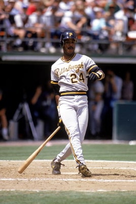 SAN DIEGO - 1990:  Barry Bonds #24 of the Pittsburgh Pirates follows through on his swing during a game against the San Diego Padres in 1990 at Jack Murphy Stadium in San Diego, California.  (Photo by Stephen Dunn/Getty Images) 