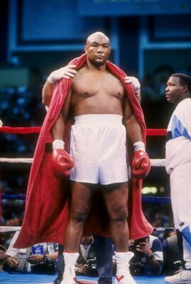 19 Apr 1992:  George Foreman enters the ring for his bout with Evander Holyfield. Mandatory Credit: Barry Jarvinan  /Allsport