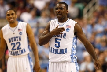 GREENSBORO, NC - MARCH 21:  Ty Lawson #5 of the North Carolina Tar Heels reacts after scoring a basket against the Louisiana State University Tigers during the second round of the NCAA Division I Men's Basketball Tournament at the Greensboro Coliseum on M