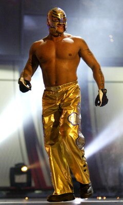 LAS VEGAS - DECEMBER 2:  (U.S. TABLOIDS OUT)   WWE wrestler Rey Mysterio walks on stage during the '1st Annual Video Game Awards' at the MGM Grand Garden Arena December 2, 2003 in Las Vegas, Nevada.  The show premieres on Spike T.V. Thursday, December 4 a