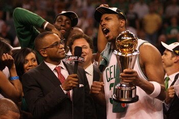 BOSTON - JUNE 17:  Paul Pierce #34 of the Boston Celtics answers question from ESPN broadcaster Stuart Scott as Pierce holds the NBA Finals MVP trophy after defeating the Los Angeles Lakers in Game Six of the 2008 NBA Finals on June 17, 2008 at TD Banknor