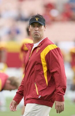 LOS ANGELES - OCTOBER 4:  Offensive Coordinator Steve Sarkisian of the USC Trojans looks on before the game against the Oregon Ducks on October 4, 2008 at the Los Angeles Memorial Coliseum in Los Angeles, California.  USC won 44-10.  (Photo by Jeff Golden