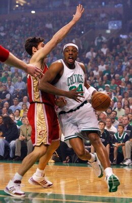 BOSTON - MAY 18:  Paul Pierce #34 of the Boston Celtics drives against Wally Szczerbiak #10 of the Cleveland Cavaliers in Game Seven of the Eastern Conference Semifinals during the 2008 NBA Playoffs at the TD Banknorth Garden May 18, 2008 in Boston, Massa