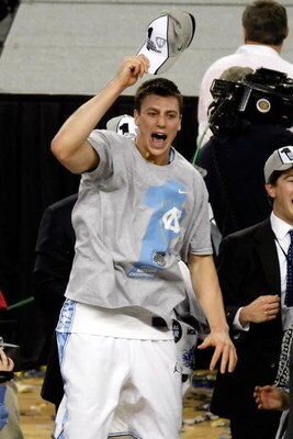 DETROIT - APRIL 06:  Tyler Hansbrough #50 of the North Carolina Tar Heels celebrates after the Tar Heels 89-72 win against the Michigan State Spartans during the 2009 NCAA Division I Men's Basketball National Championship game at Ford Field on April 6, 20