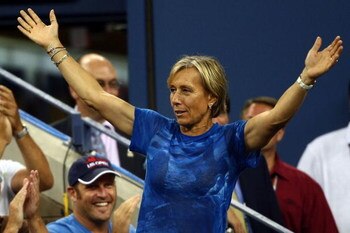 NEW YORK - SEPTEMBER 07:  Martina Navratilova gestures  before the women's singles finals between Serena Williams of the United States and Jelena Jankovic of Serbia during Day 14 of the 2008 U.S. Open at the USTA Billie Jean King National Tennis Center on
