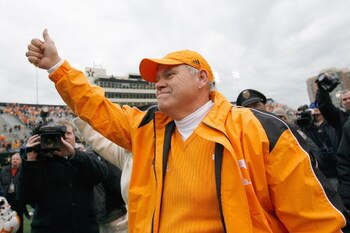 NASHVILLE, TN - NOVEMBER 22:  Head coach Phillip Fulmer of the Tennessee Volunteers gives a thumbs up after winning the game against the Vanderbilt Commodores at Vanderbilt Stadium on November 22, 2008 in Nashville, North Carolina.  (Photo by Kevin C. Cox