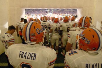 MIAMI - JANUARY 08:  Brandon Frazier #3 and Andrew Blaylock #14of the Florida Gators get ready to enter the field before the FedEx BCS National Championship Game against the Oklahoma Sooners at Dolphin Stadium on January 8, 2009 in Miami, Florida.  (Photo