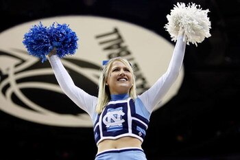 MEMPHIS, TN - MARCH 29:  North Carolina Tar Heels cheerleaders perform during a break in the action while taking on the Oklahoma Sooners during the NCAA Men's Basketball Tournament South Regional Final at the FedExForum on March 29, 2009 in Memphis, Tenne