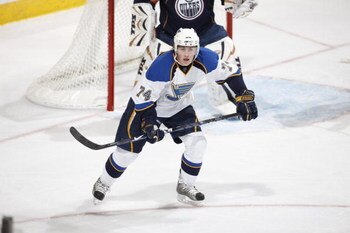 EDMONTON, CANADA - JANUARY 11: T.J. Oshie #74 of the St. Louis Blues skates against the Edmonton Oilers on January 11, 2009 at Rexall Place in Edmonton, Alberta, Canada. (Photo by Dale MacMillan/Getty Images)