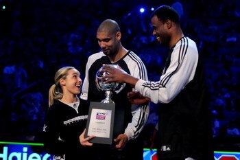 NEW ORLEANS - FEBRUARY 16:  WNBA player Becky Hammon of the San Antonio Silver Stars, Tim Duncan of the San Antonio Spurs and NBA legend David Robinson pose with the championship trophy after winning the Haier Shooting Stars competition, part of 2008 NBA 