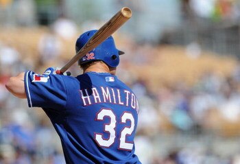 GLENDALE, AZ - MARCH 13:   Josh Hamilton #32 of the Texas Rangers at bat during a Spring Training game against the Los Angeles Dodgers on March 13, 2009 at Camelback Ranch in Glendale, Arizona.  (Photo by Lisa Blumenfeld/Getty Images)