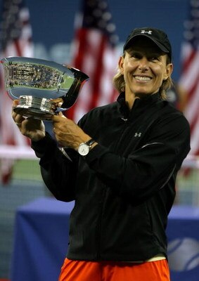 NEW YORK - SEPTEMBER 09:  Martina Navratilova holds the trophy after her and Bob Bryan defeated Kveta Peschke and Martin Damm of the Czech Republic to win the mixed doubles final during the U.S. Open at the USTA Billie Jean King National Tennis Center in 