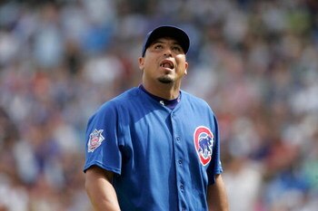 CHICAGO, IL - SEPTEMBER 19: Pitcher Carlos Zambrano #38 of the Chicago Cubs looks to the sky as he walks off the field after being taken out of the game in the 2nd inning against the St. Louis Cardinals at Wrigley Field on September 19, 2008 in Chicago, I
