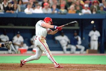 TORONTO - OCTOBER 16:  Lenny Dykstra #4 of the Philadelphia Phillies hits a pitch during Game one of the 1993 World Series against the Toronto Blue Jays at Skydome on October 16, 1993 in Toronto, Ontario, Canada. The Blue Jays defeated the Phillies 8-5. (