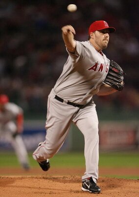 BOSTON - OCTOBER 06:  John Lackey #41 of the Los Angeles Angels of Anaheim delivers a pitch in the first inning against the Boston Red Sox during Game Four of the American League Championship Series on October 6, 2008  at Fenway Park in Boston, Massachuse