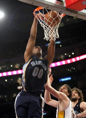 LOS ANGELES - MARCH 3:  Darrell Arthur #00 of the Memphis Grizzlies dunks over Pau Gasol #16 of the Los Angeles Lakers at Staples Center March 3, 2009 in Los Angeles, California.  The Lakers won 99-89.  NOTE TO USER: User expressly acknowledges and agrees