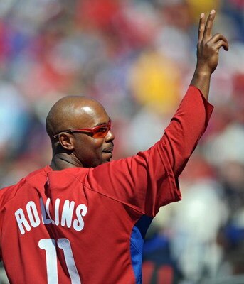 PHILADELPHIA - APRIL 4: Jimmy Rollins #11 of the Philadelphia Phillies waves to the fans during the game against the Tampa Bay Rays on April 4, 2009 at Citizens Bank Park in Philadelphia, Pennsylvania.  The Rays won 9-7. (Photo by Drew Hallowell/Getty Ima