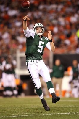 CLEVELAND, OH - AUGUST 7:  Brett Ratliff #5 of the New York Jets throws a pass against the Cleveland Browns during a preseason NFL game at Cleveland Browns Stadium on August 7, 2008 in Cleveland, Ohio. (Photo by Joe Robbins/Getty Images)