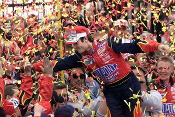 4 Mar 2001: Jeff Gordon celebrates after winning the NASCAR Winston Cup UAW DaimlerChrysler 400 at the Las Vegas Motor Speedway, Las Vegas, Nevada. Digital Image. Mandatory Credit: Jonathan Ferrey/ALLSPORT
