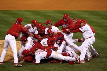 PHILADELPHIA - OCTOBER 29:  The Philadelphia Phillies celebrate their 4-3 win against the Tampa Bay Rays during the continuation of game five of the 2008 MLB World Series on October 29, 2008 at Citizens Bank Park in Philadelphia, Pennsylvania.  (Photo by 