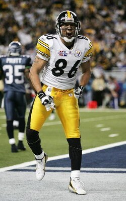 DETROIT - FEBRUARY 05:  Wide receiver Hines Ward #86 of the Pittsburgh Steelers celebrates after catching a 37-yard pass in the second quarter against the Seattle Seahawks in Super Bowl XL at Ford Field on February 5, 2006 in Detroit, Michigan.  (Photo by