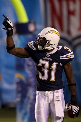 SAN DIEGO - SEPTEMBER 22:  Antonio Cromartie #31 of the San Diego Chargers reacts after an interception late in the fourth quarter while taking on the New York Jets on September 22, 2008 at Qualcomm Stadium in San Diego, California.  (Photo by Stephen Dun