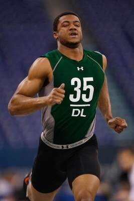 INDIANAPOLIS, IN - FEBRUARY 23:  Defensive lineman Aaron Maybin of Penn State participates in  the NFL Scouting Combine at Lucas Oil Stadium on February 23, 2009 in Indianapolis, Indiana. (Photo by Scott Boehm/Getty Images)