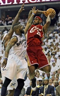 WASHINGTON - MAY 2:  LeBron James #23 of the Cleveland Cavaliers looks to throw a pass over DeShawn Stevenson #2 of the Washington Wizards in Game Six of the Eastern Conference Quarterfinals during the 2008 NBA Playoffs at the Verizon Center on May 2, 200