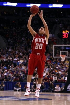 PORTLAND, OR - MARCH 21:  Orlando Mendez-Valdez #20 of the Western Kentucky Hilltoppers shoots a three-pointer in the first half against the Gonzaga Bulldogs during the second round of the NCAA Division I Men's Basketball Tournament at the Rose Garden on 