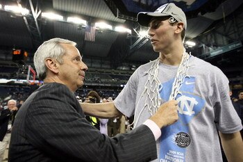 DETROIT - APRIL 06:  (L-R) Head coach Roy Williams and Tyler Hansbrough #50 of the North Carolina Tar Heels celebrate after they won 89-72 against the Michigan State Spartans during the 2009 NCAA Division I Men's Basketball National Championship game at F