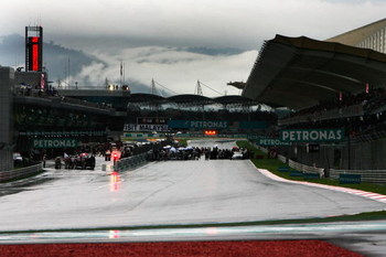 KUALA LUMPUR, MALAYSIA - APRIL 05:  Cars line up on the start finish straight as the race is red flagged and then abandoned due to heavy rain during the Malaysian Formula One Grand Prix at the Sepang Circuit on April 5, 2009 in Kuala Lumpur, Malaysia.  (P