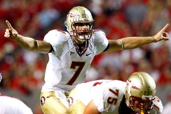 RALEIGH, NC - OCTOBER 16:  Quarterback Christian Ponder #7 of the Florida State Seminoles runs against the North Carolina State Wolfpack during the game at Carter-Finley Stadium on September 16, 2008 in Raleigh, North Carolina.  (Photo by Kevin C. Cox/Get