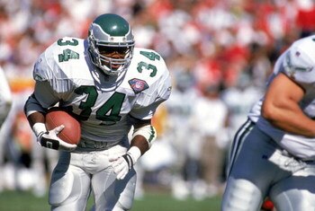 SAN FRANCISCO - OCTOBER 2:  Running back Herschel Walker #34 of the Philadelphia Eagles rushes for yards during a game against the San Francisco 49ers at Candlestick Park on October 2, 1994 in San Francisco, California.  The Eagles won 40-8.  (Photo by Ge