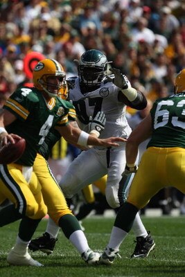 GREEN BAY, WI - SEPTEMBER 09: Brodrick Bunkley #97 of the Philadelphia Eagles rushes Brett Favre #4 of the Green Bay Packers on September 9, 2007 at Lambeau Field in Green Bay, Wisconsin. The Packers defeated the Eagles 16-13. (Photo by Jonathan Daniel/Ge