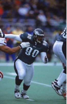 19 Nov 2000:  Corey Simon #90 of the Philadelphia Eagles moves on the field during the game against the Arizona Cardinals at the Veterans Stadium in Philadelphia, Pennsylvania. The Eagles defeated the Cardinals 34-9.Mandatory Credit: Greg Fiume  /Allsport