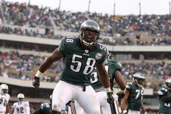 PHILADELPHIA - NOVEMBER 18: Trent Cole #58 of the Philadelphia Eagles reacts during the NFL game against the Miami Dolphins at Lincoln Financial Field on November 18, 2007 in Philadelphia, Pennsylvania. (Photo by Al Bello/Getty Images)