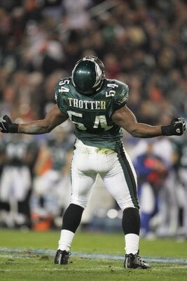 JACKSONVILLE, FL - FEBRUARY 6:  Linebacker Jeremiah Trotter #54 of the Philadelphia Eagles celebrates after making a play against the New England Patriots in Super Bowl XXXIX at Alltel Stadium on February 6, 2005 in Jacksonville, Florida. The Patriots def