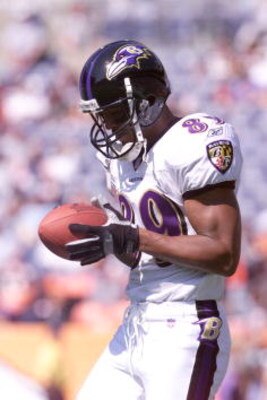 30 Sep 2001: Travis Taylor of the Baltimore Ravens holds the ball during the game against the Denver Broncos at Mile High Stadium in Denver, Colorado. The Ravens won 20-13. DIGITAL IMAGE. Mandatory Credit: Brian Bahr/Allsport
