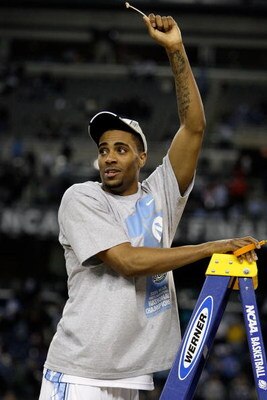 DETROIT - APRIL 06:  Wayne Ellington #22 of the North Carolina Tar Heels celebrates after cutting down a piece of the net after they won 89-72 against the Michigan State Spartans during the 2009 NCAA Division I Men's Basketball National Championship game 