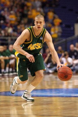 MINNEAPOLIS - MARCH 20:  Ben Woodside #10 of the North Dakota State Bison drives the ball against the Kansas Jayhawks during the first round of the NCAA Division I Men's Basketball Tournament at the Hubert H. Humphrey Metrodome on March 20, 2009 in Minnea