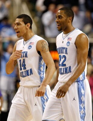 GREENSBORO, NC - MARCH 21:  Danny Green #14 and Wayne Ellington #22 of the North Carolina Tar Heels react after a basket against the Louisiana State University Tigers during the second round of the NCAA Division I Men's Basketball Tournament at the Greens