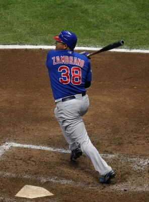 MILWAUKEE - JULY 29: Carlos Zambrano #38 of the Chicago Cubs hits an RBI single in the sixth inning against the Milwaukee Brewers at Miller Park July 29, 2008 in Milwaukee, Wisconsin.  (Photo by Jonathan Daniel/Getty Images)