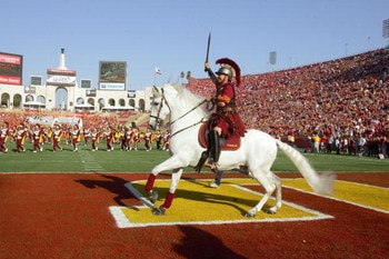 LOS ANGELES - SEPTEMBER 16:  Traveler, mascot of the USC Trojans runs on the field before the game against the Nebraska Cornhuskers on September 16, 2006 at the Los Angeles Memorial Coliseum in Los Angeles, California. (Photo by Stephen Dunn/Getty Images)